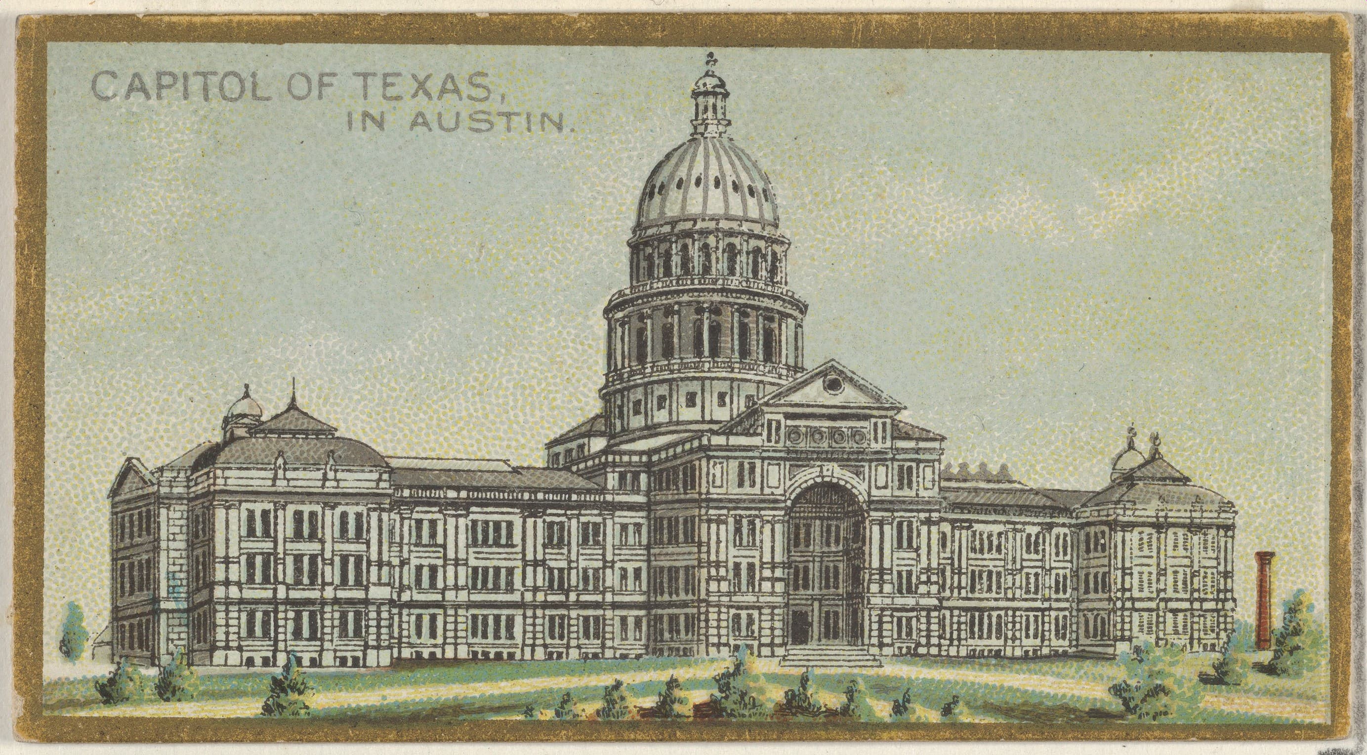 Historic 1889 chromolithograph plate by G. & W. Endicott documenting the newly dedicated Texas State Capitol and Congress Avenue grounds in vibrant Victorian color.